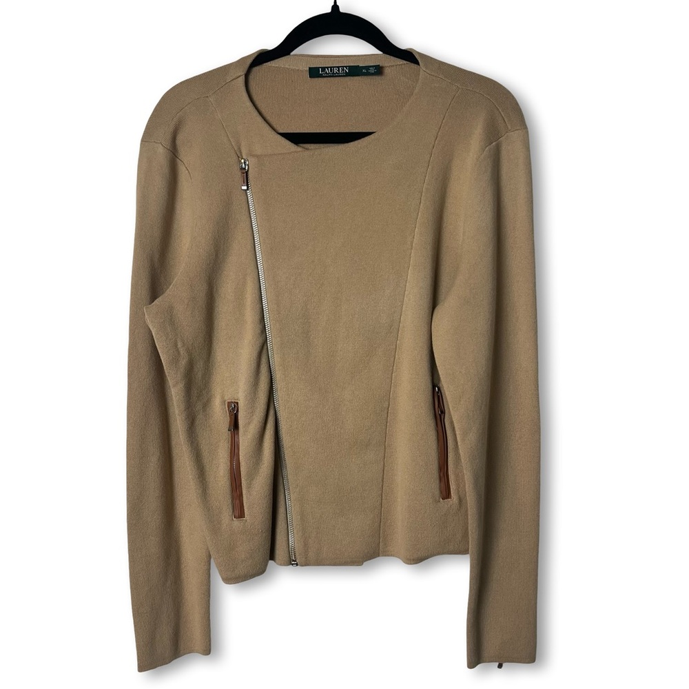 Lauren Ralph Lauren Womens Knit Moto Jacket Tan Faux Leather Sz XL